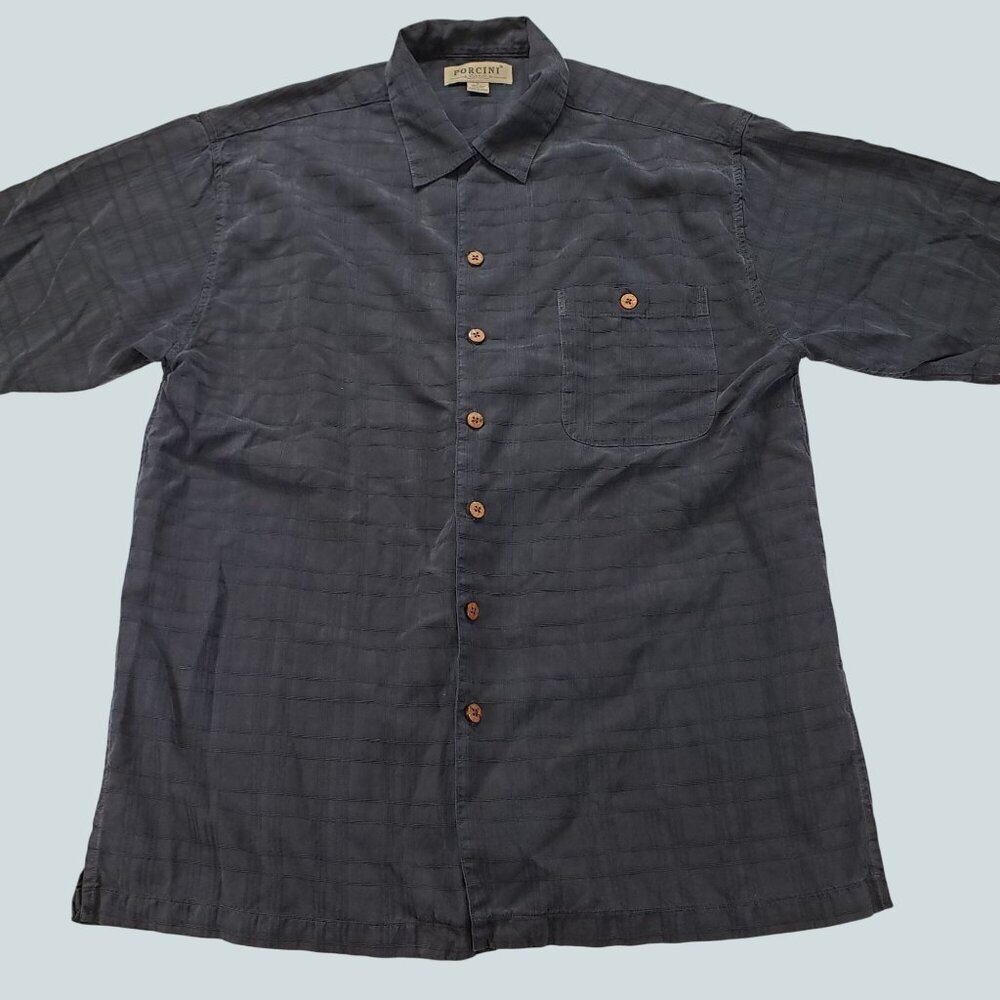 PORCINI Men’s 100% Silk Shirt Short Sleeve Size L Blue